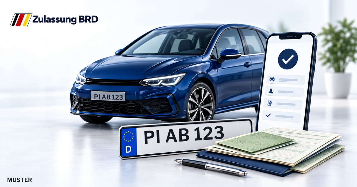 Online Fahrzeugzulassung in Halstenbek: Musterkennzeichen PI AB 123, Auto und Fahrzeugpapiere und Smartphone. Illustration mit Logo von Zulassung BRD.
